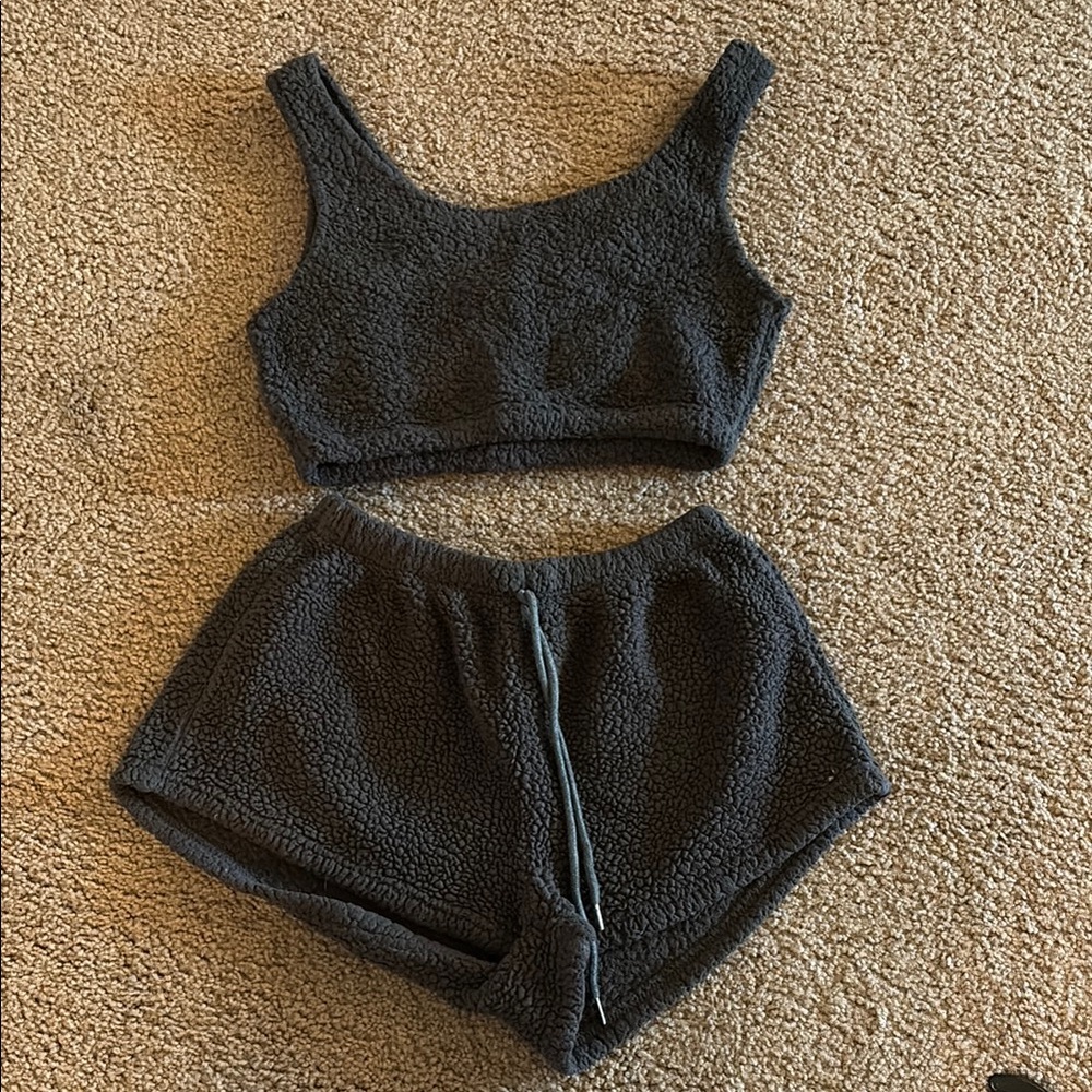 Cozy Dark Grey Fleece Crop Top and Shorts Set